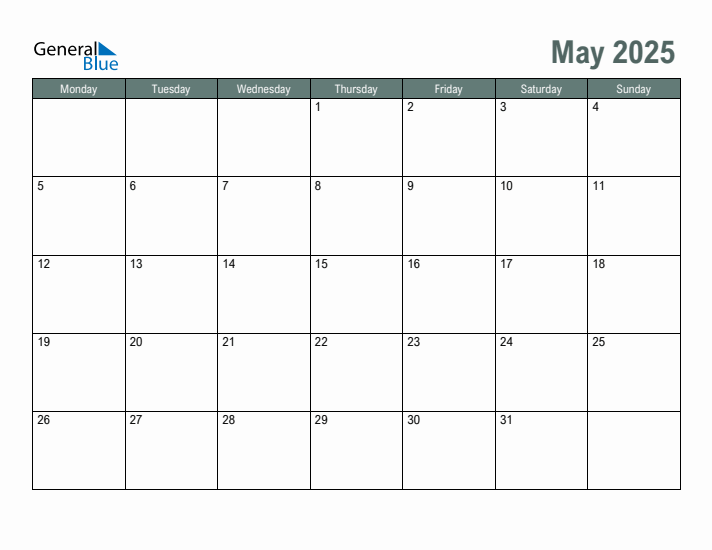 Free Printable May 2025 Calendar