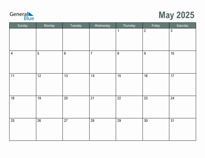 Free Printable May 2025 Calendar