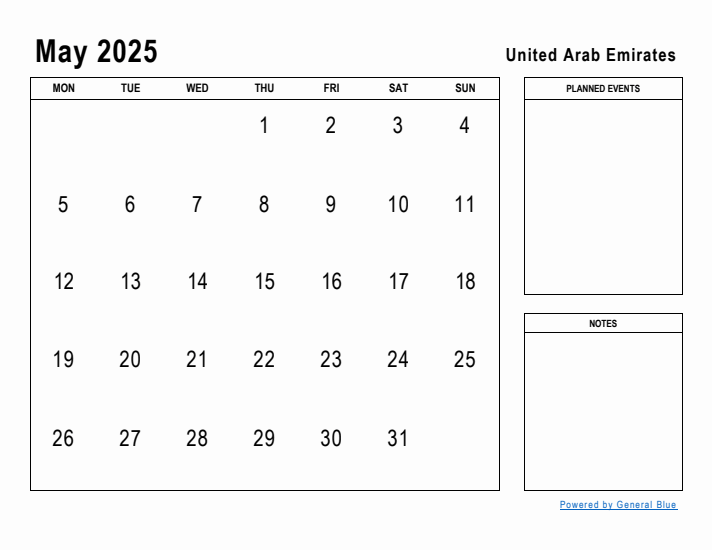 May 2025 Printable Monthly Calendar with United Arab Emirates Holidays