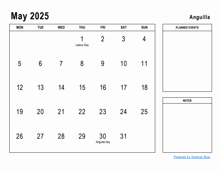 May 2025 Printable Monthly Calendar with Anguilla Holidays