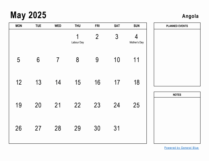 May 2025 Printable Monthly Calendar with Angola Holidays