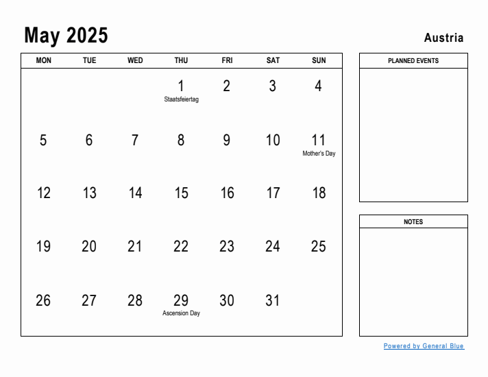 May 2025 Printable Monthly Calendar with Austria Holidays