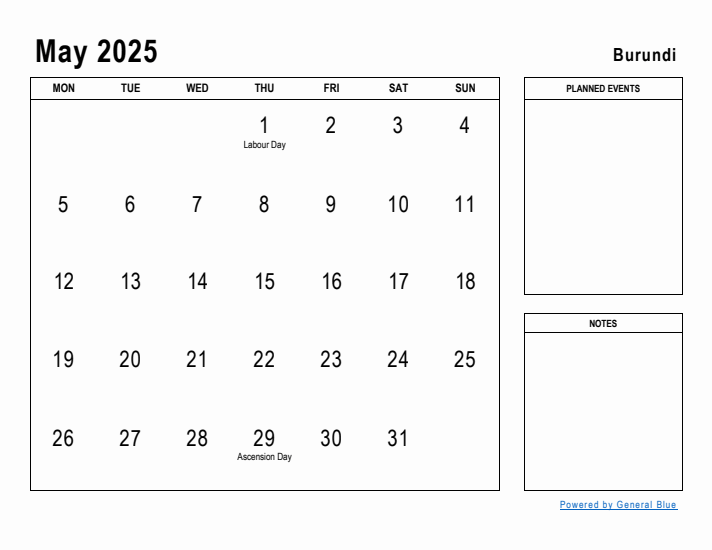 May 2025 Printable Monthly Calendar with Burundi Holidays