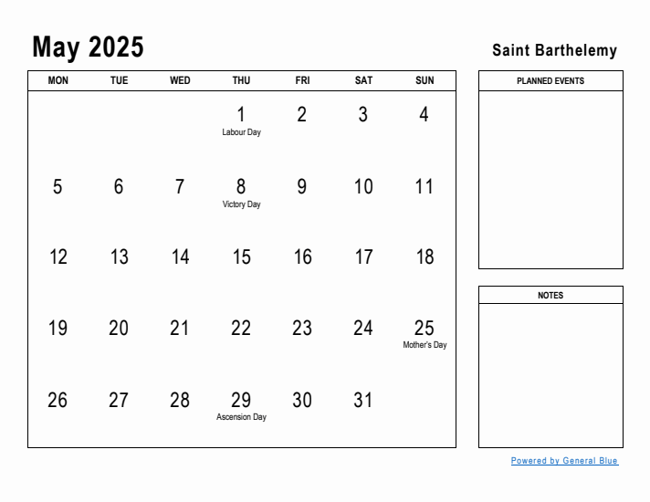 May 2025 Printable Monthly Calendar with Saint Barthelemy Holidays