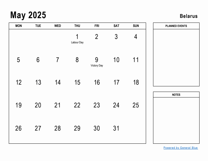 May 2025 Printable Monthly Calendar with Belarus Holidays