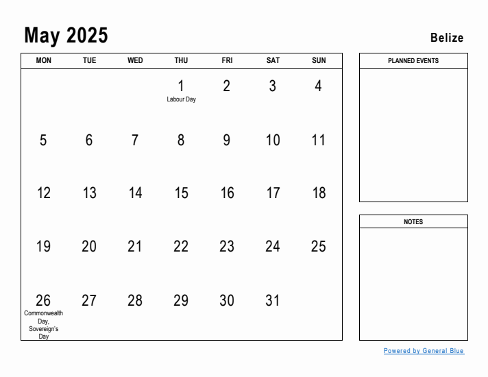 May 2025 Printable Monthly Calendar with Belize Holidays