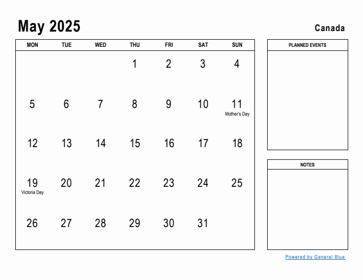 May 2025 Printable Monthly Calendar with Canada Holidays