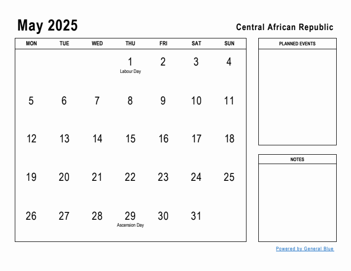 May 2025 Printable Monthly Calendar with Central African Republic Holidays