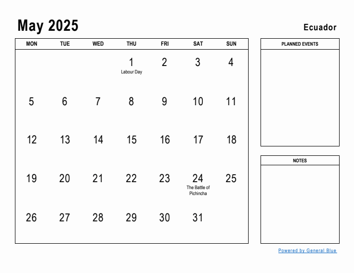 May 2025 Printable Monthly Calendar with Ecuador Holidays