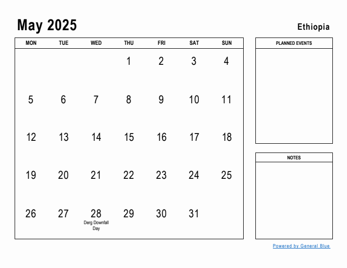 May 2025 Printable Monthly Calendar with Ethiopia Holidays