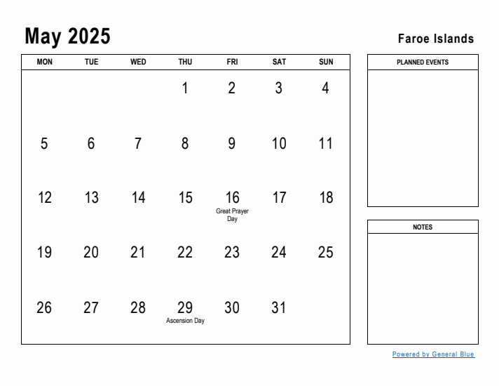 May 2025 Printable Monthly Calendar with Faroe Islands Holidays