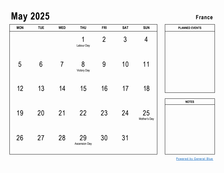 May 2025 Printable Monthly Calendar with France Holidays