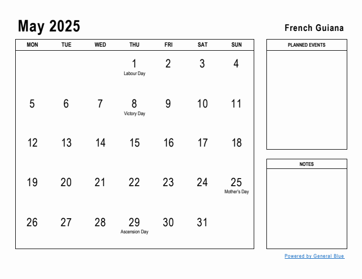 May 2025 Printable Monthly Calendar with French Guiana Holidays