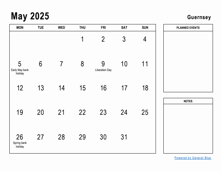 May 2025 Printable Monthly Calendar with Guernsey Holidays