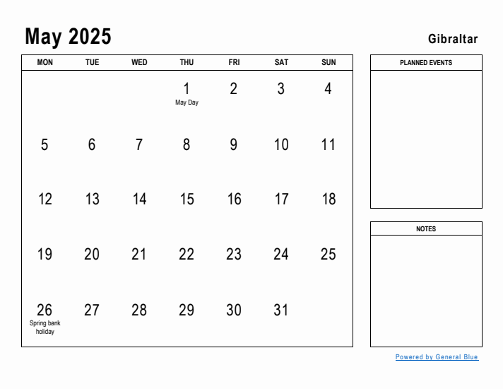 May 2025 Printable Monthly Calendar with Gibraltar Holidays