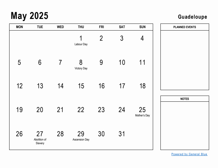 May 2025 Printable Monthly Calendar with Guadeloupe Holidays