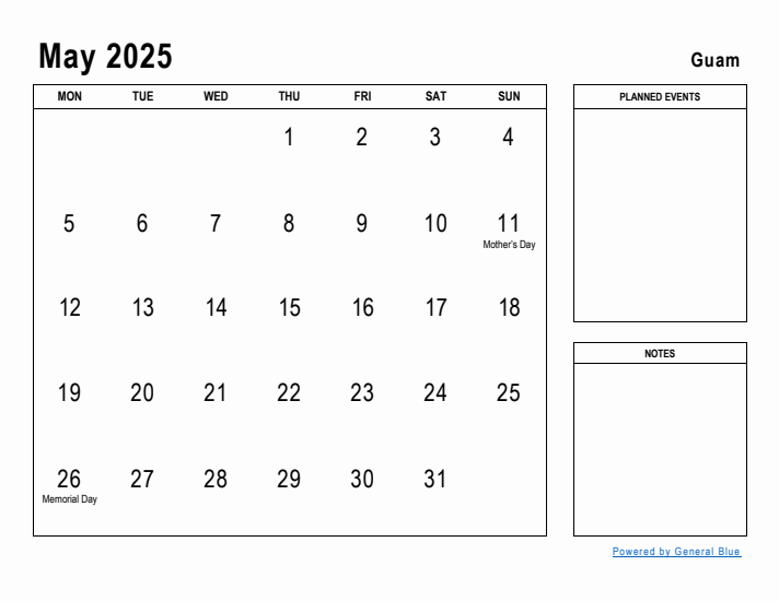 May 2025 Printable Monthly Calendar with Guam Holidays