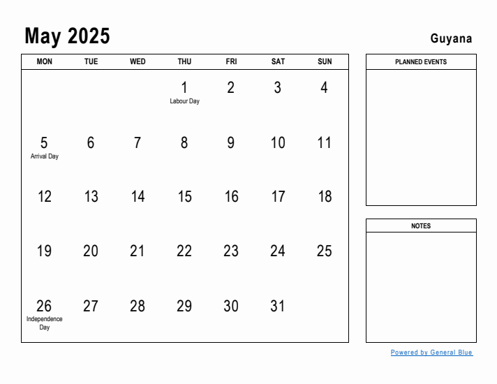 May 2025 Printable Monthly Calendar with Guyana Holidays