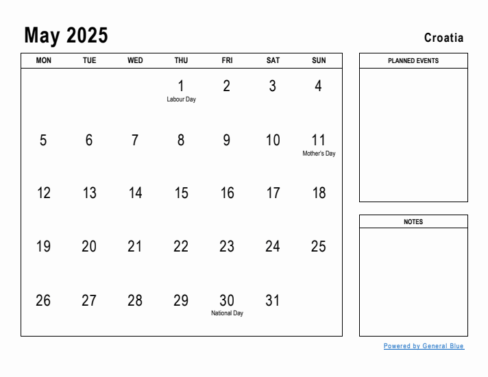 May 2025 Printable Monthly Calendar with Croatia Holidays