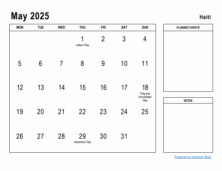 May 2025 Printable Monthly Calendar with Haiti Holidays