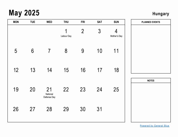 May 2025 Printable Monthly Calendar with Hungary Holidays