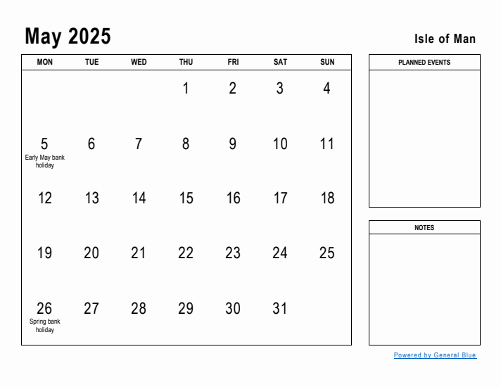 May 2025 Printable Monthly Calendar with Isle of Man Holidays