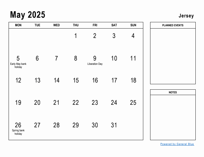 May 2025 Printable Monthly Calendar with Jersey Holidays