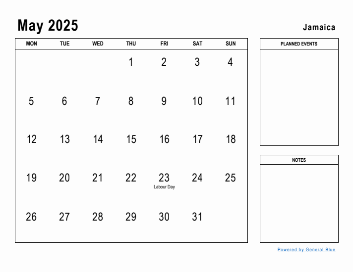 May 2025 Printable Monthly Calendar with Jamaica Holidays