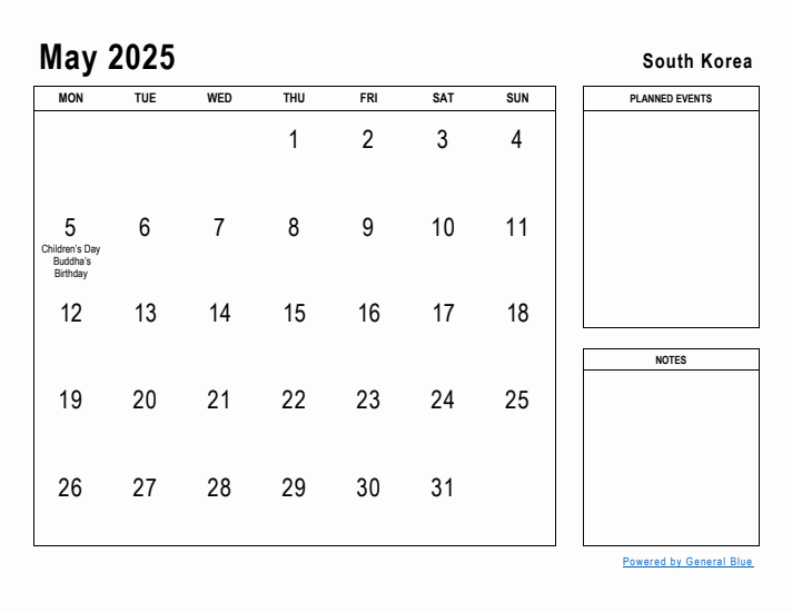 May 2025 Printable Monthly Calendar with South Korea Holidays