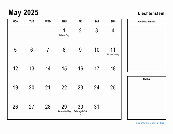 May 2025 Printable Monthly Calendar with Liechtenstein Holidays