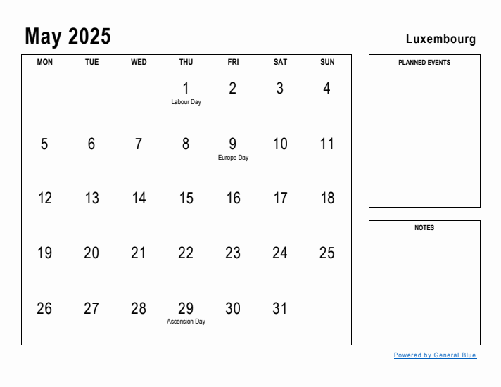 May 2025 Printable Monthly Calendar with Luxembourg Holidays