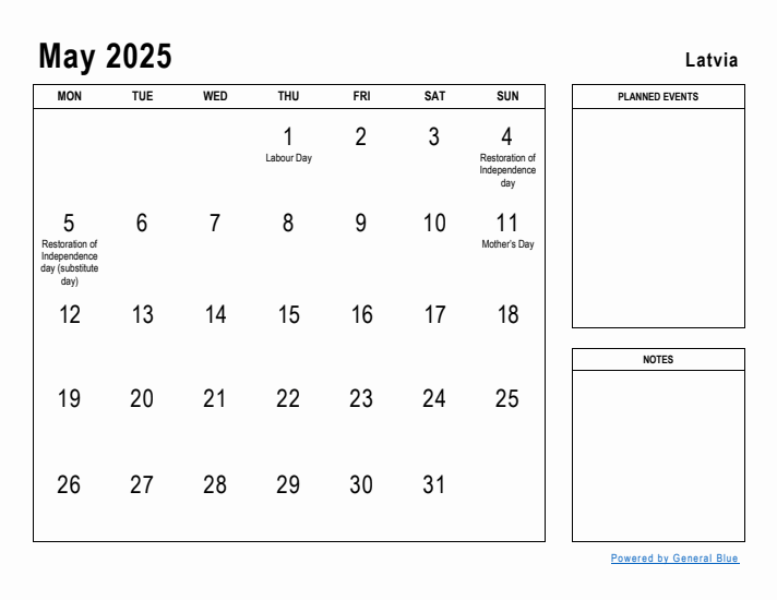 May 2025 Printable Monthly Calendar with Latvia Holidays