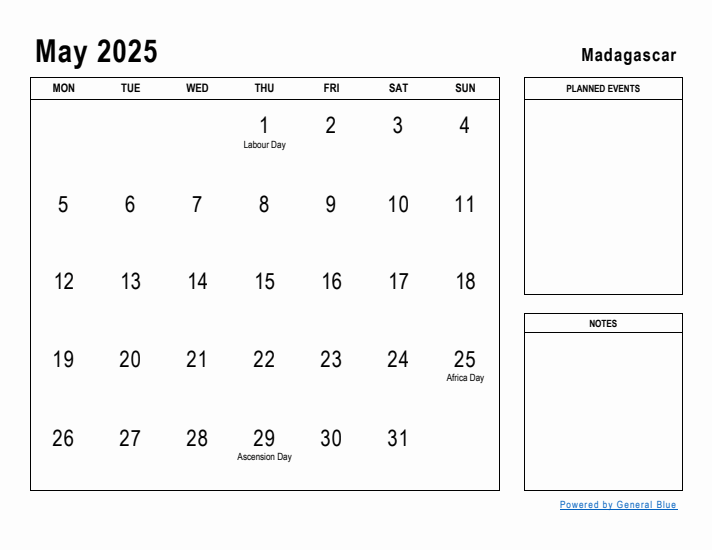 May 2025 Printable Monthly Calendar with Madagascar Holidays