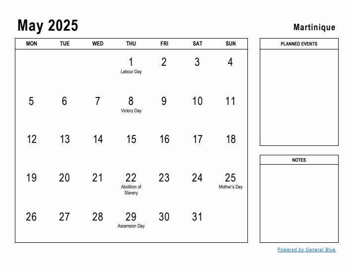 May 2025 Printable Monthly Calendar with Martinique Holidays