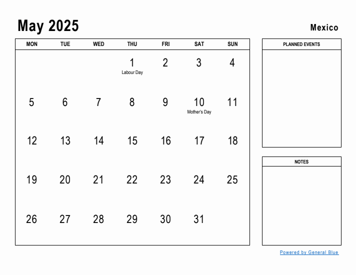 May 2025 Printable Monthly Calendar with Mexico Holidays