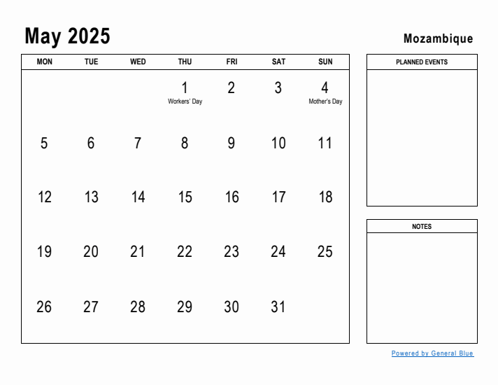 May 2025 Printable Monthly Calendar with Mozambique Holidays