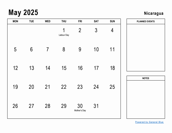 May 2025 Printable Monthly Calendar with Nicaragua Holidays