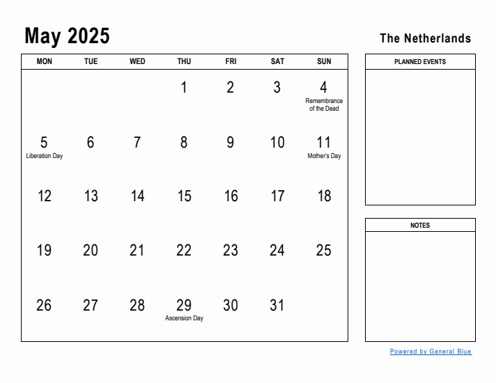 May 2025 Printable Monthly Calendar with The Netherlands Holidays