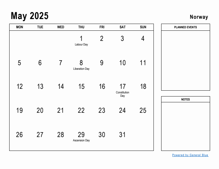 May 2025 Printable Monthly Calendar with Norway Holidays