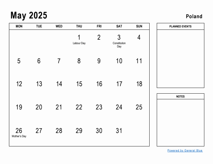 May 2025 Printable Monthly Calendar with Poland Holidays