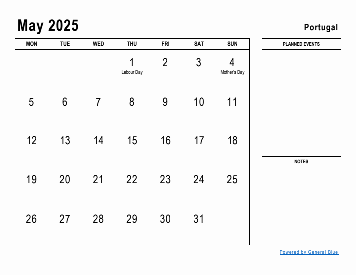 May 2025 Printable Monthly Calendar with Portugal Holidays