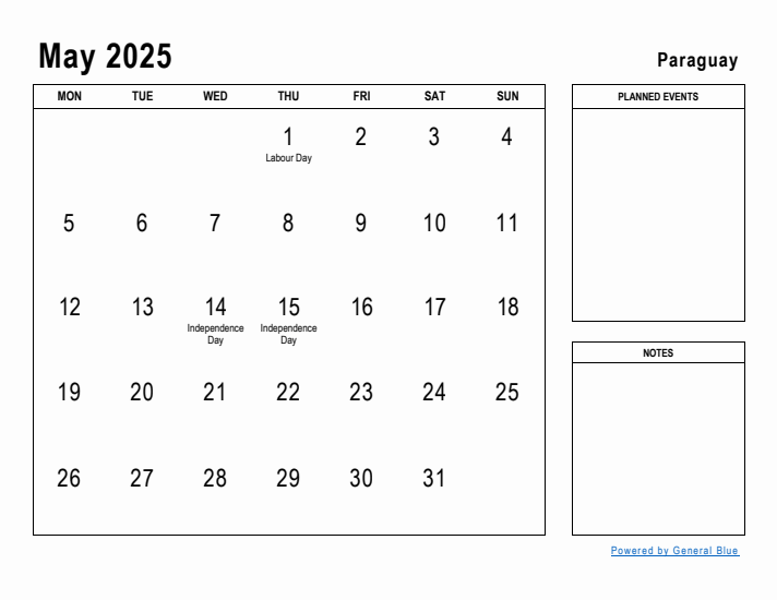 May 2025 Printable Monthly Calendar with Paraguay Holidays