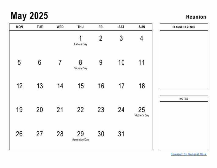 May 2025 Printable Monthly Calendar with Reunion Holidays