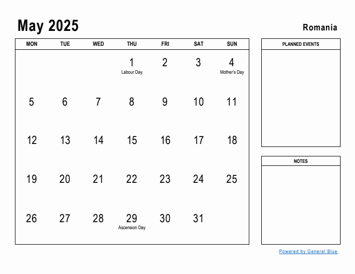 May 2025 Printable Monthly Calendar with Romania Holidays