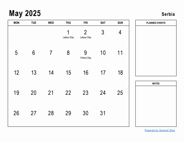 May 2025 Printable Monthly Calendar with Serbia Holidays