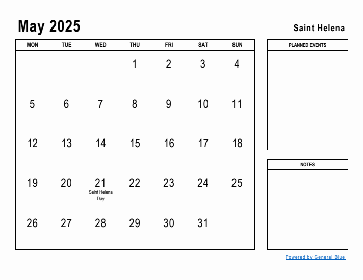 May 2025 Printable Monthly Calendar with Saint Helena Holidays