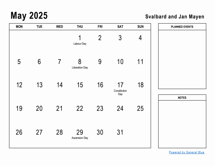 May 2025 Printable Monthly Calendar with Svalbard and Jan Mayen Holidays