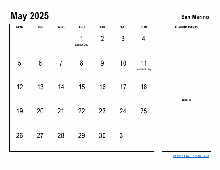 May 2025 Printable Monthly Calendar with San Marino Holidays