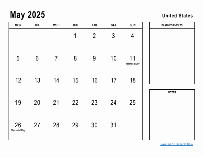 May 2025 Printable Monthly Calendar with United States Holidays