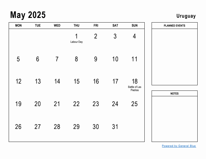 May 2025 Printable Monthly Calendar with Uruguay Holidays